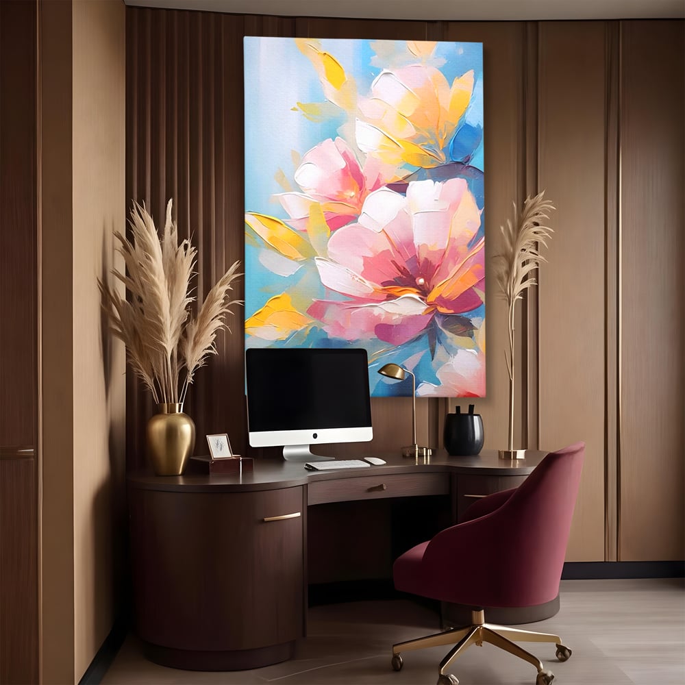 Tablou canvas cu tablou canvas cu flori roz, fara rama, pe sasiu de lemn, pe perete intr-un birou